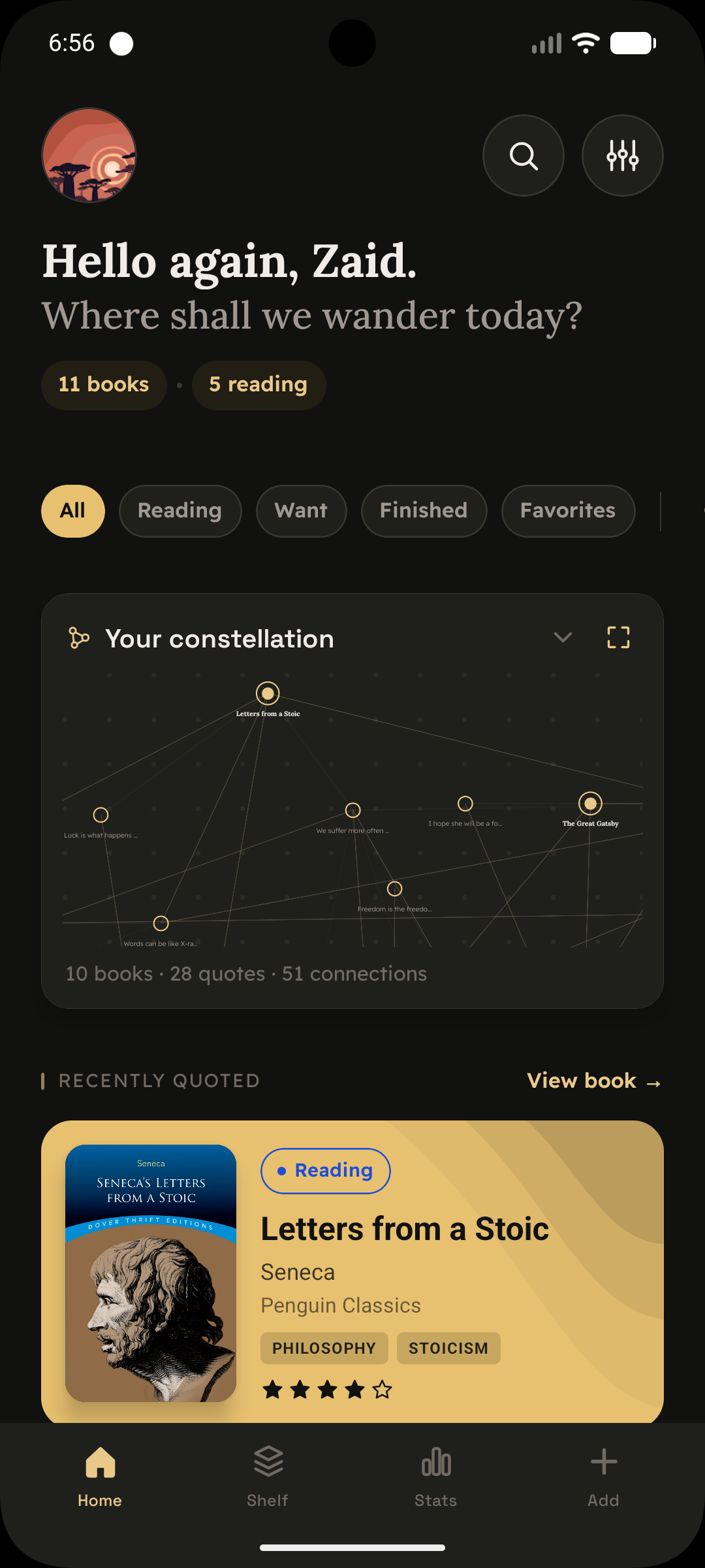 ZenRead home screen with a live constellation preview of the reference graph