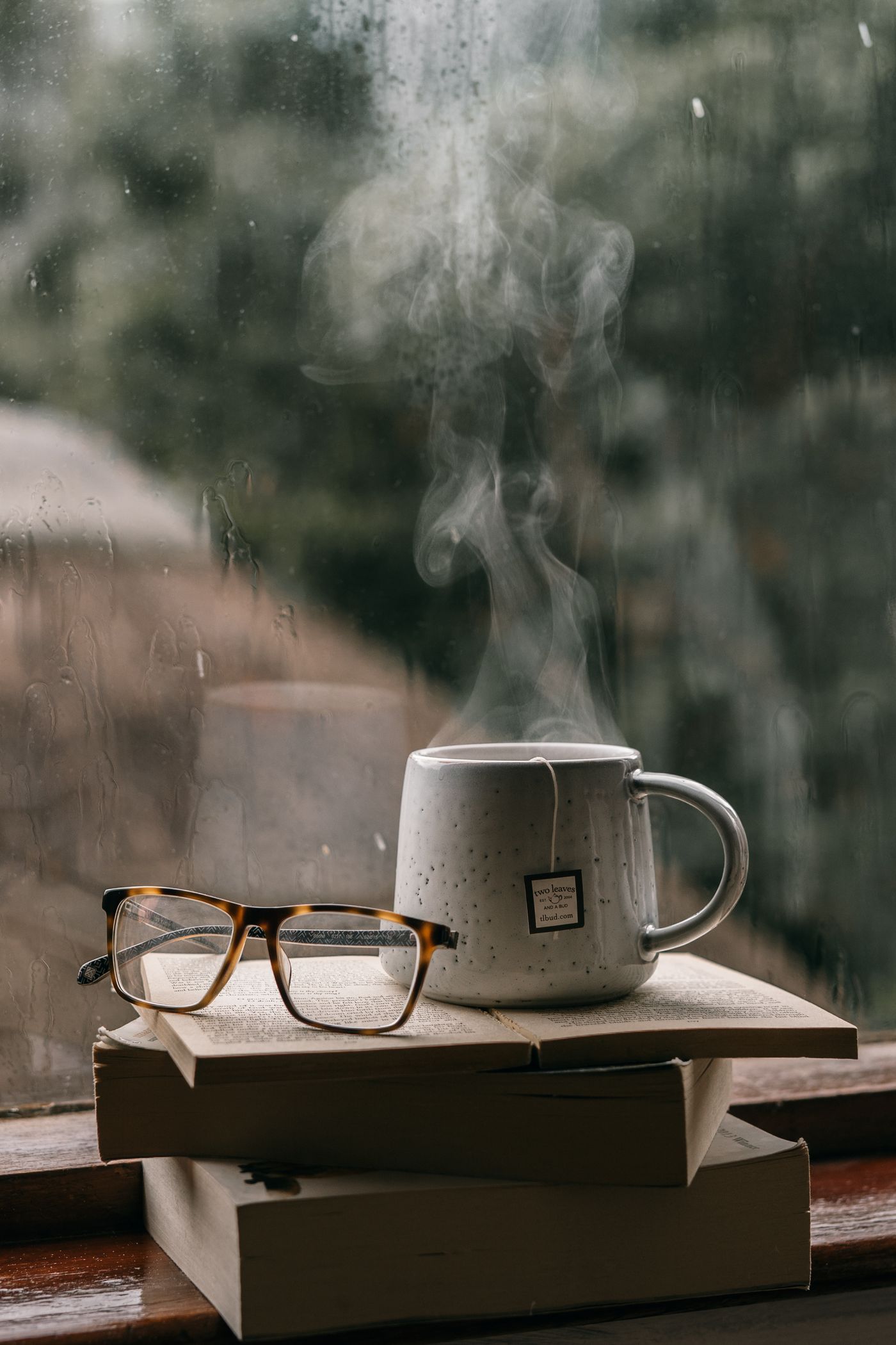 A steaming mug of tea resting on a stack of books by a rainy window